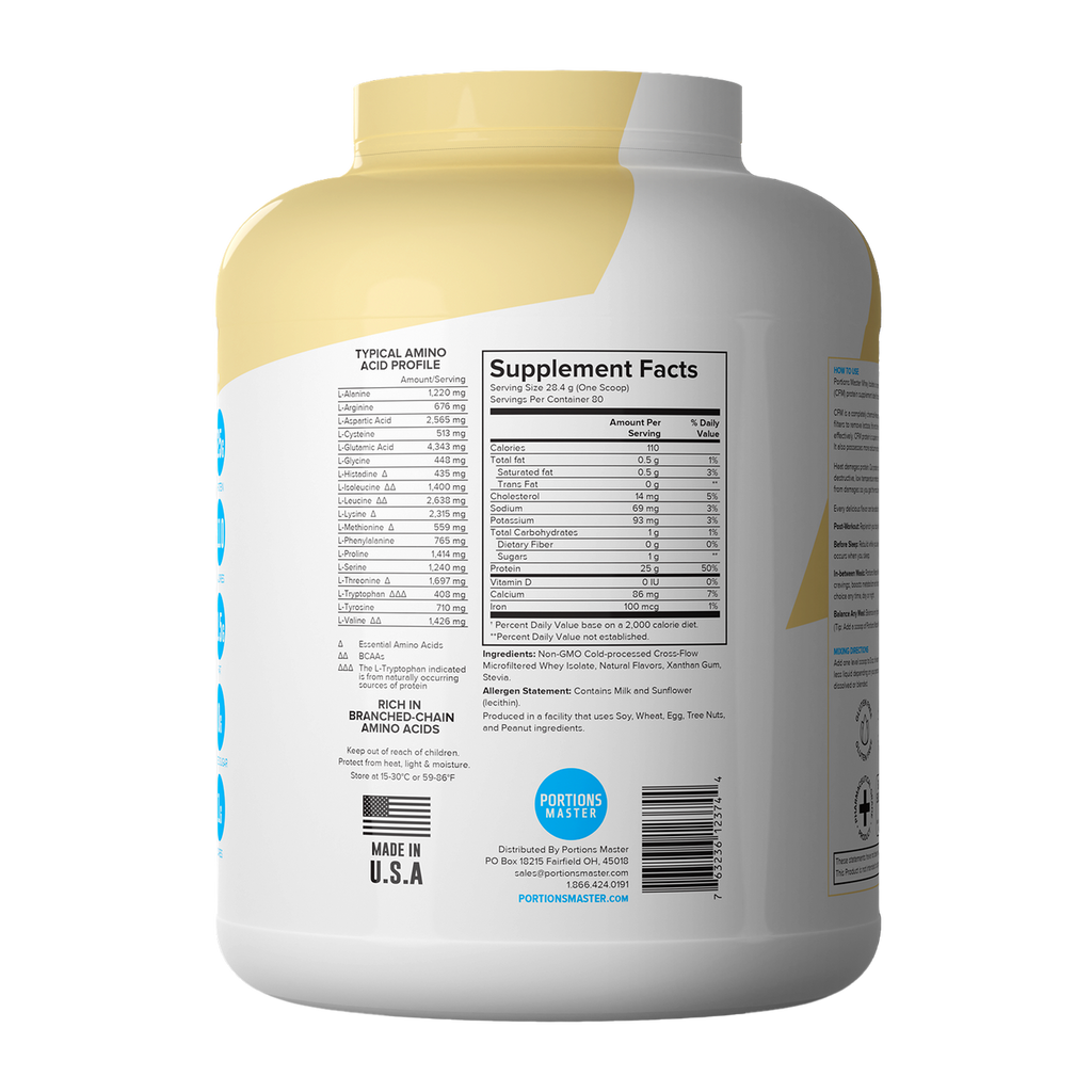 Portions Master Non-GMO Cross-Flow Microfiltration Whey Protein Isolate, Sweetened with Stevia | 5 lb. | Vanilla Ice Cream Right