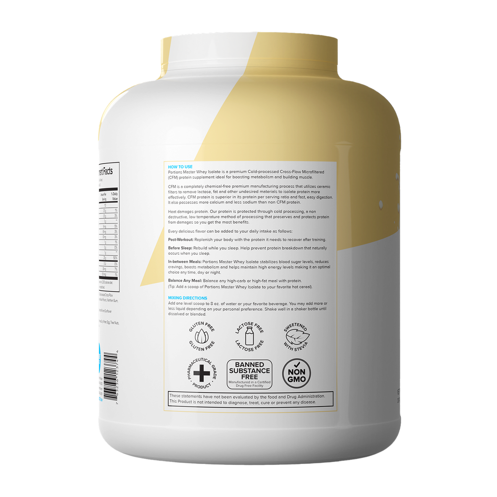 Portions Master Non-GMO Cross-Flow Microfiltration Whey Protein Isolate, Sweetened with Stevia | 5 lb. | Vanilla Ice Cream Left