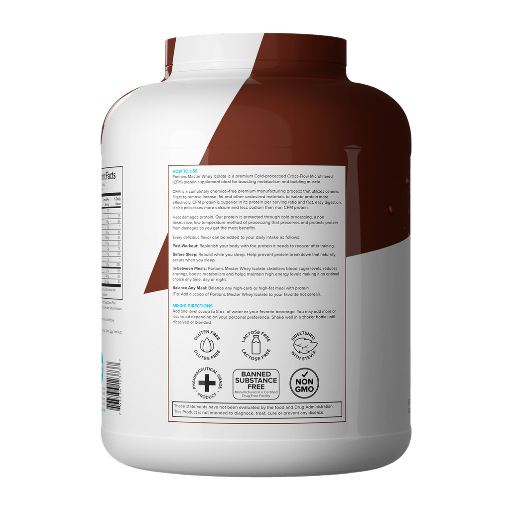 Portions Master Non-GMO Cross-Flow Microfiltration Whey Protein Isolate, Sweetened with Stevia | 5 lb. | Chocolate Brownie Left
