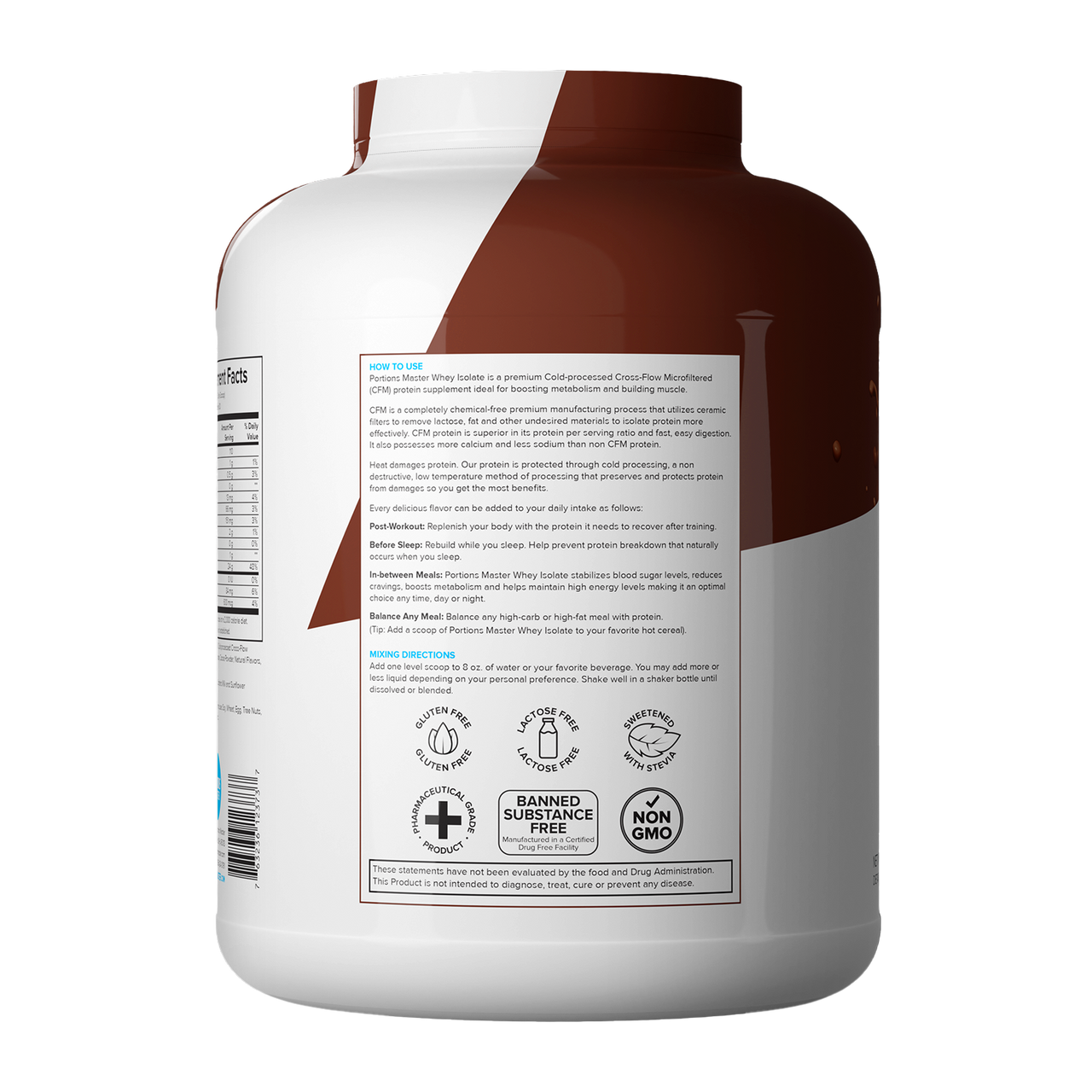 Portions Master Non-GMO Cross-Flow Microfiltration Whey Protein Isolate, Sweetened with Stevia | 5 lb. | Chocolate Brownie Left