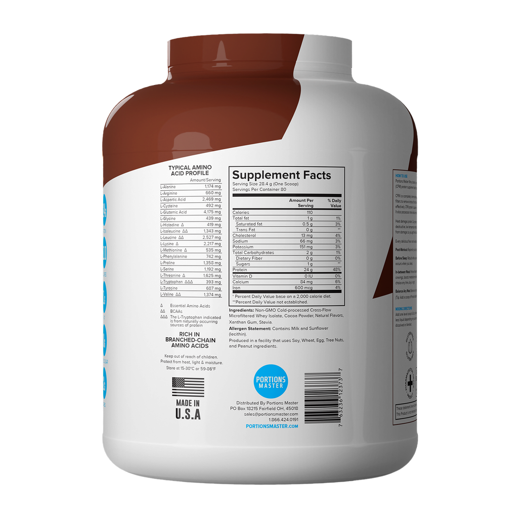 Portions Master Non-GMO Cross-Flow Microfiltration Whey Protein Isolate, Sweetened with Stevia | 5 lb. | Chocolate Brownie Right