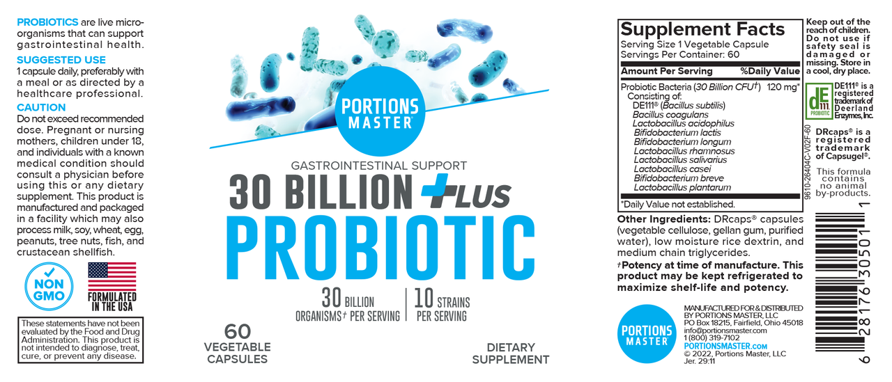 Portions Master 30 Billion Probiotic Label