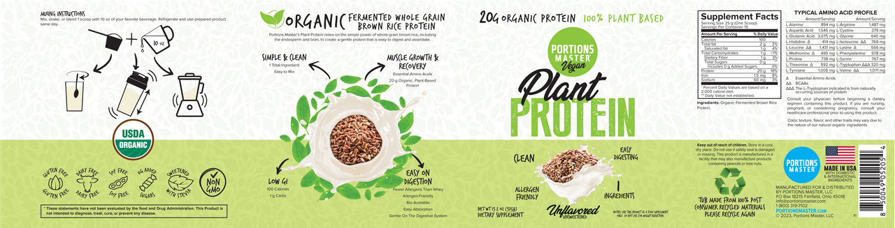 Portions Master Vegan Plant Protein Unflavored 375g Label