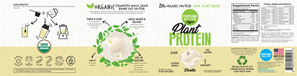 Portions Master Vegan Plant Protein Vanilla 375g Label