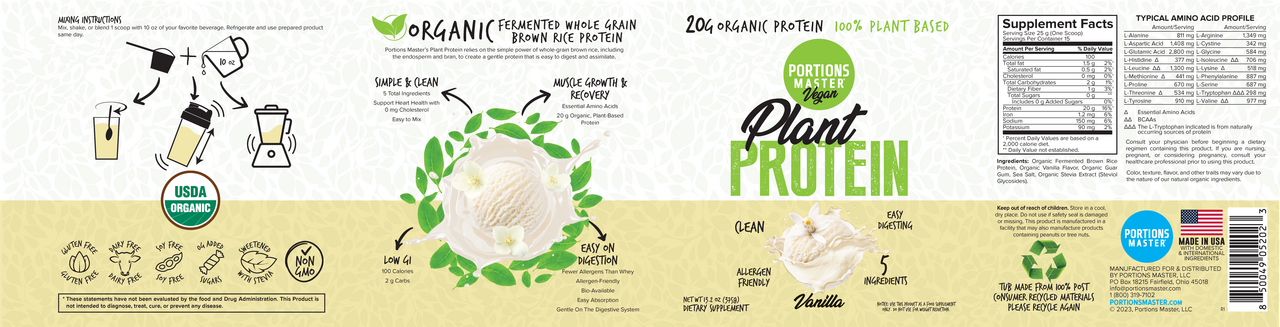 Portions Master Vegan Plant Protein Vanilla 375g Label