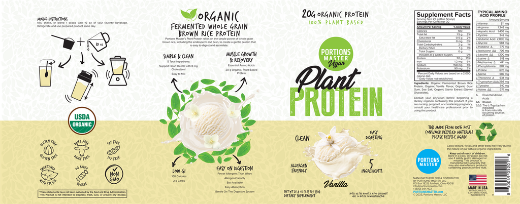 Portions Master Vegan Plant Protein Vanilla 750g Label