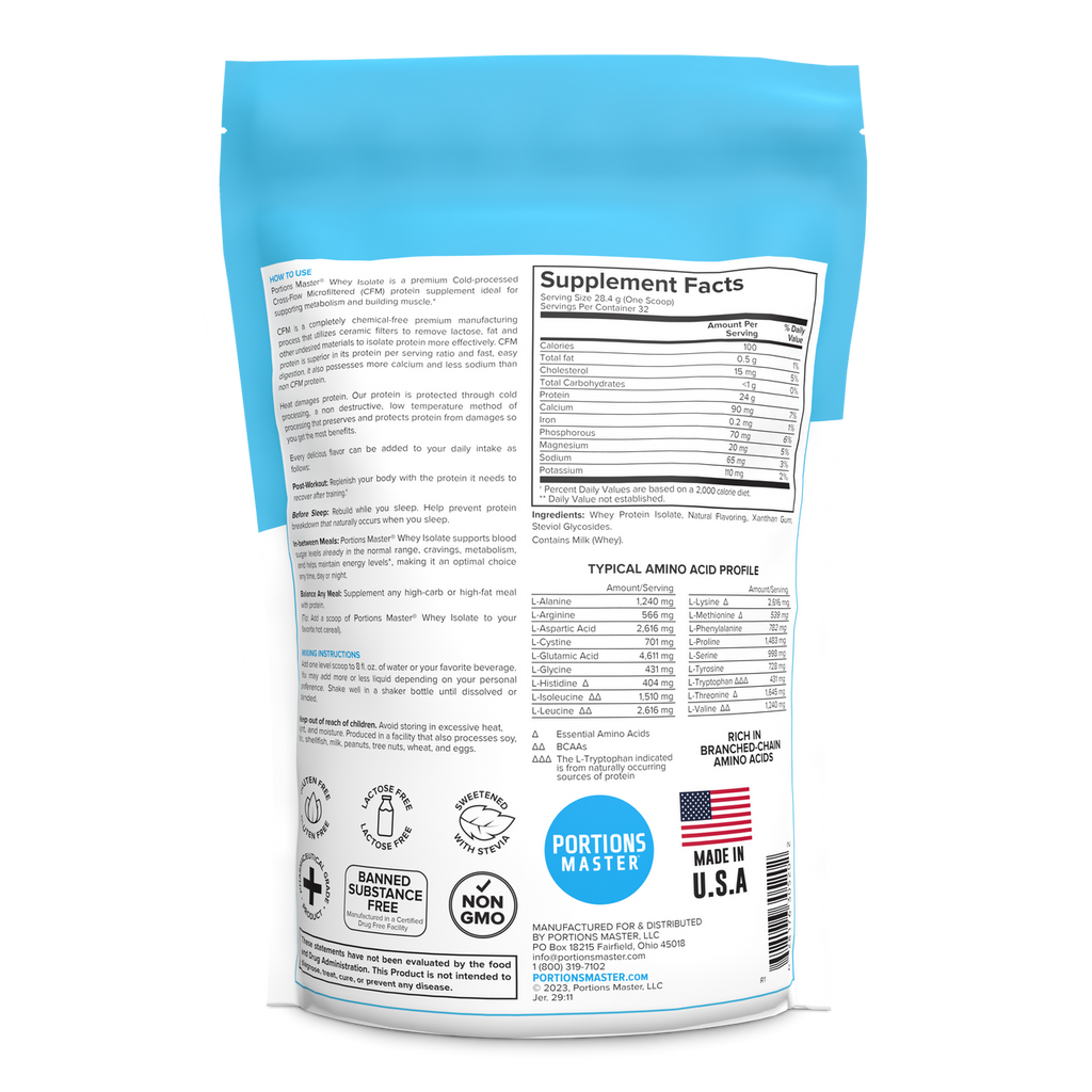Portions Master Non-GMO Cross-Flow Microfiltration Whey Protein Isolate, Sweetened with Stevia (2 lbs) | Birthday Cake Back