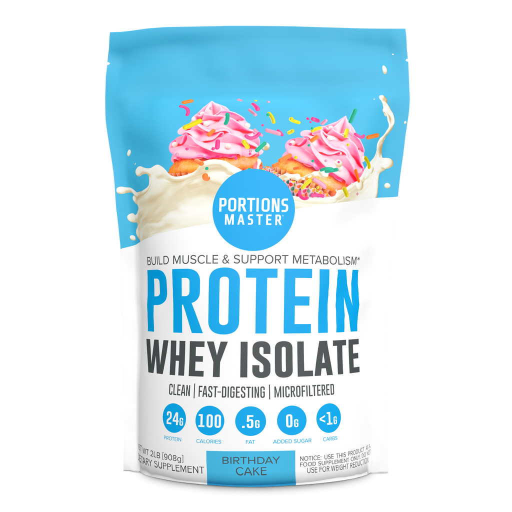 Portions Master Non-GMO Cross-Flow Microfiltration Whey Protein Isolate, Sweetened with Stevia (2 lbs) | Birthday Cake Front