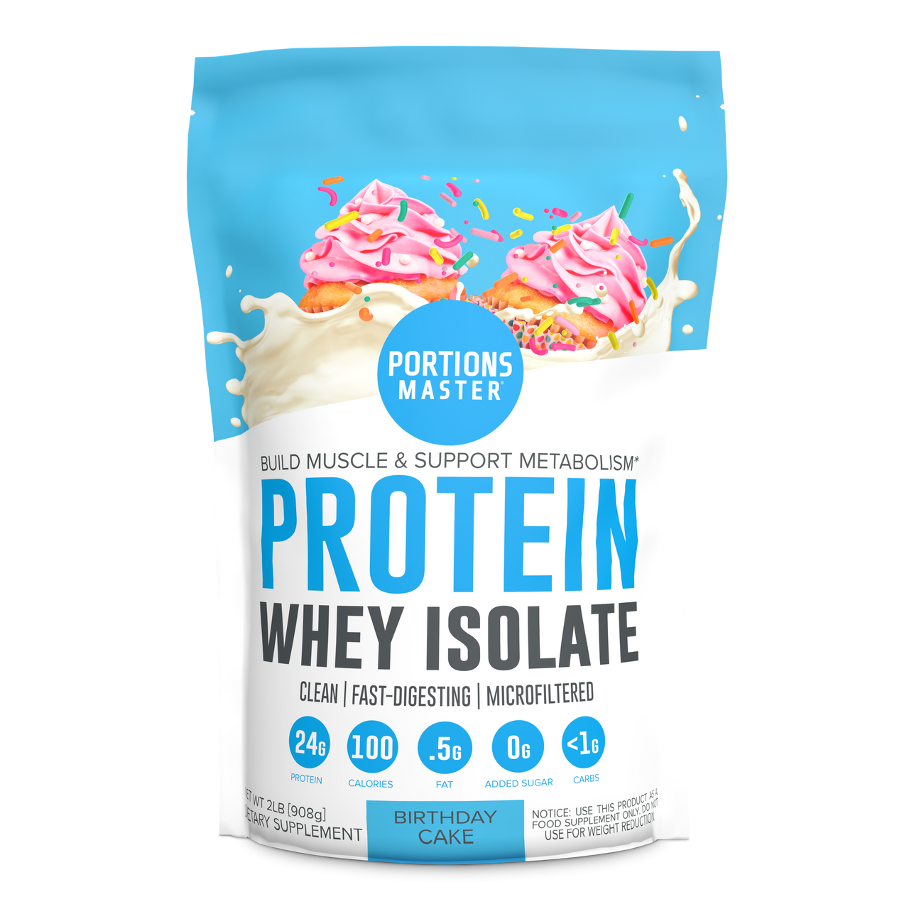 Portions Master Non-GMO Cross-Flow Microfiltration Whey Protein Isolate, Sweetened with Stevia (2 lbs) | Birthday Cake Front