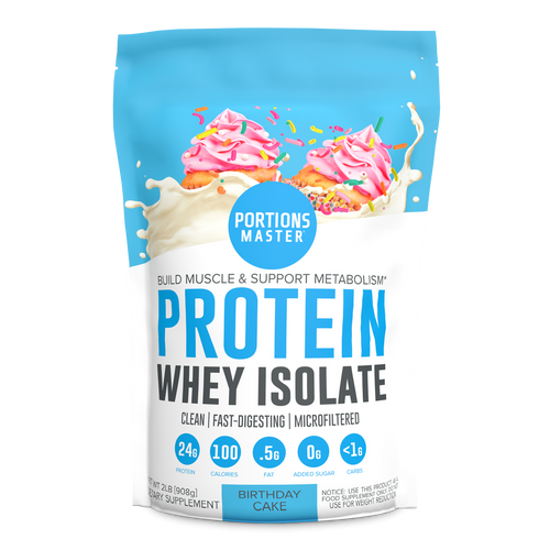 Portions Master Non-GMO Cross-Flow Microfiltration Whey Protein Isolate, Sweetened with Stevia (2 lbs) | Birthday Cake Front