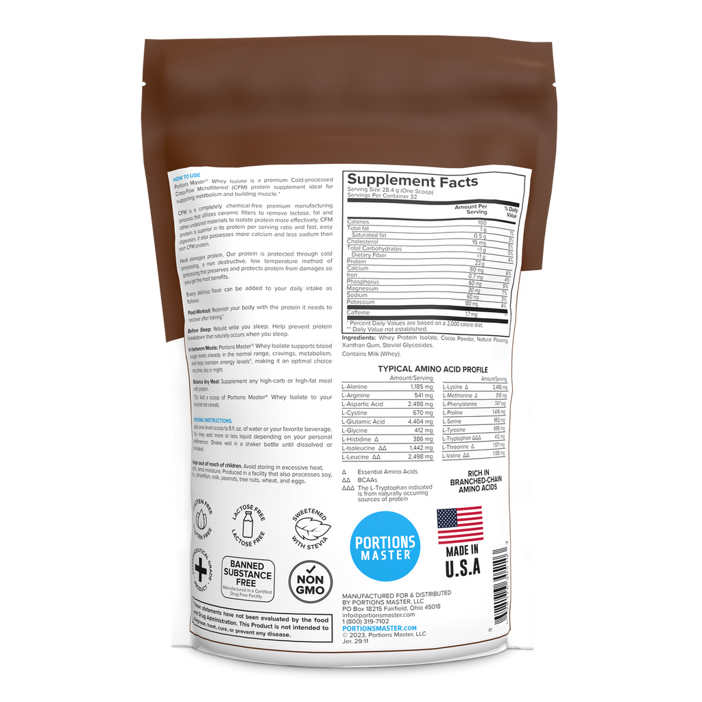 Portions Master Non-GMO Cross-Flow Microfiltration Whey Protein Isolate, Sweetened with Stevia | 2 lb. | Chocolate Brownie Back