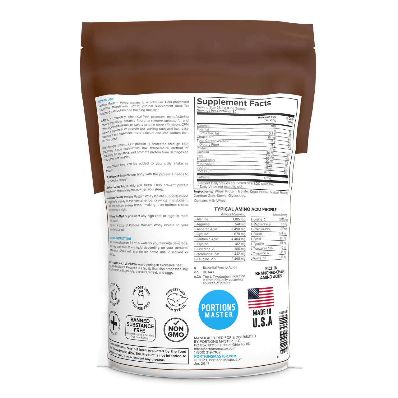 Portions Master Non-GMO Cross-Flow Microfiltration Whey Protein Isolate, Sweetened with Stevia | 2 lb. | Chocolate Brownie Back