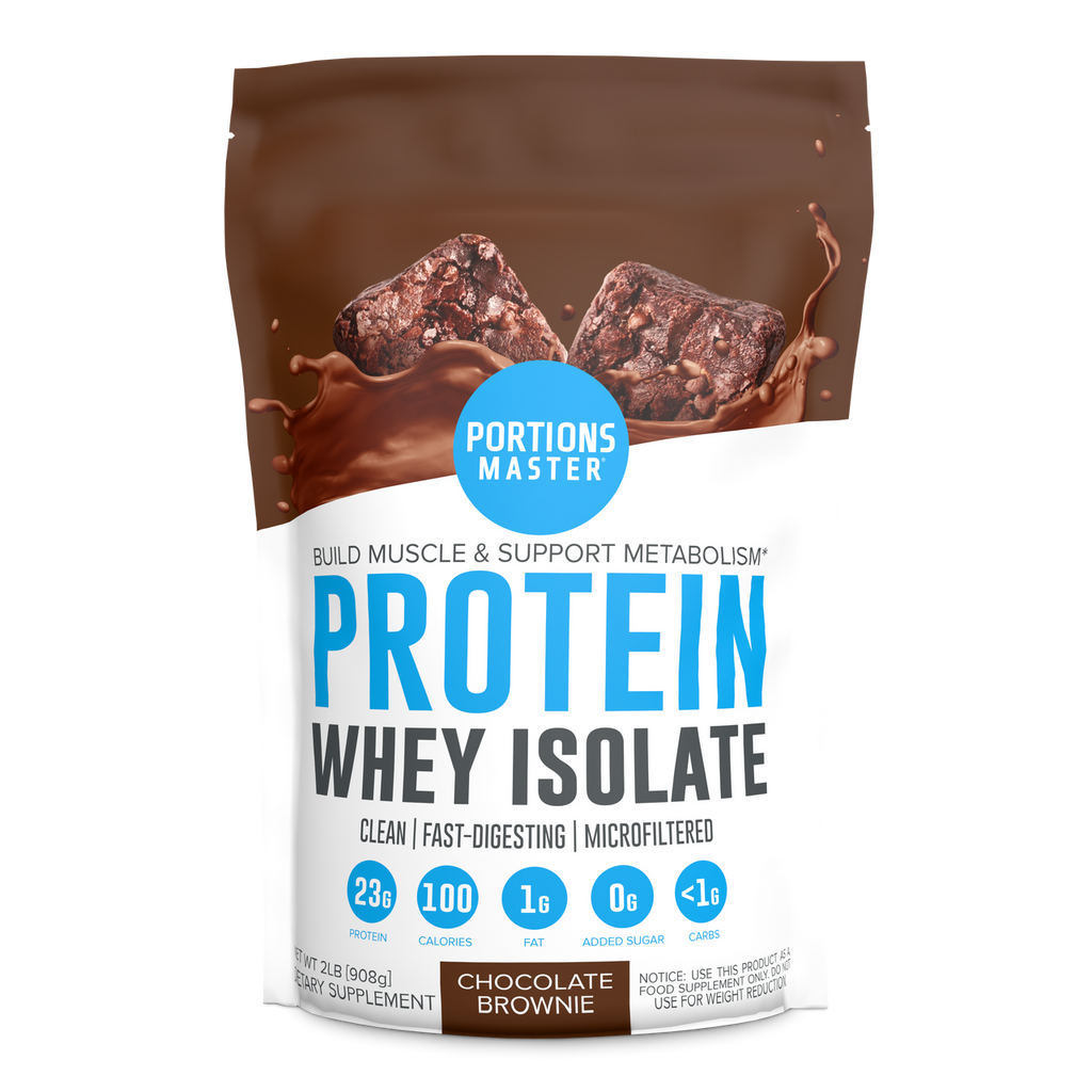 Portions Master Non-GMO Cross-Flow Microfiltration Whey Protein Isolate, Sweetened with Stevia | 2 lb. | Chocolate Brownie Front