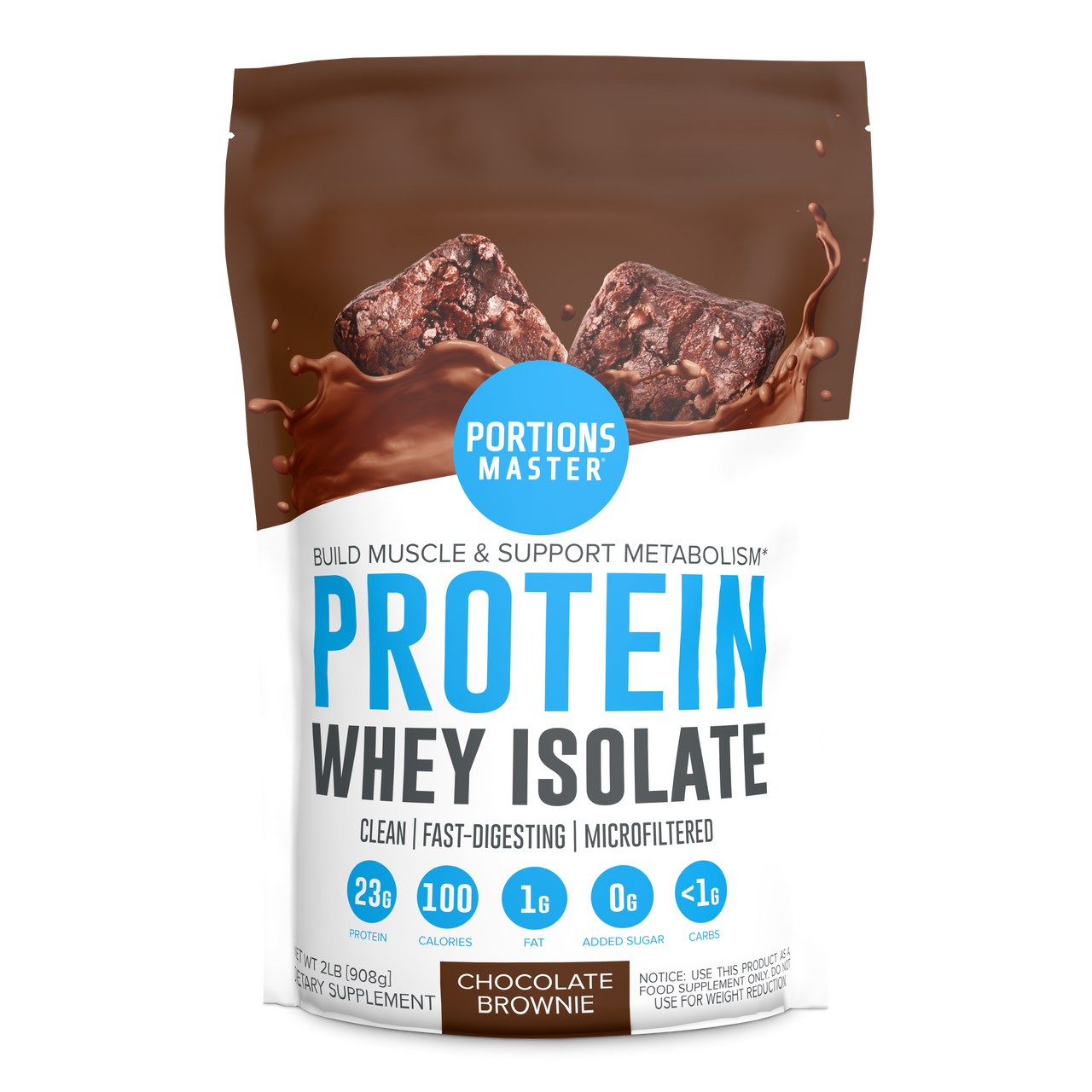 Portions Master Non-GMO Cross-Flow Microfiltration Whey Protein Isolate, Sweetened with Stevia | 2 lb. | Chocolate Brownie Front