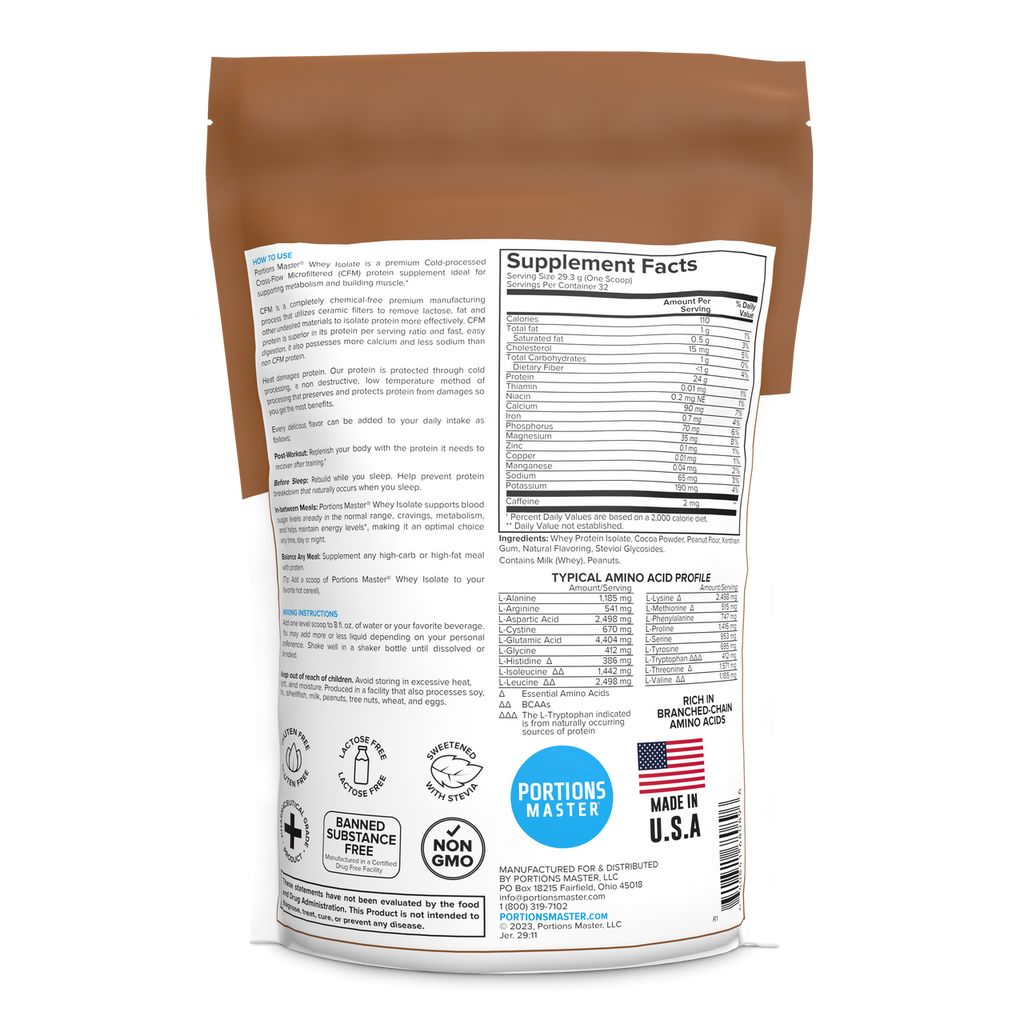 Portions Master Non-GMO Cross-Flow Microfiltration Whey Protein Isolate, Sweetened with Stevia (2 lbs) | Peanut Butter Cup Back