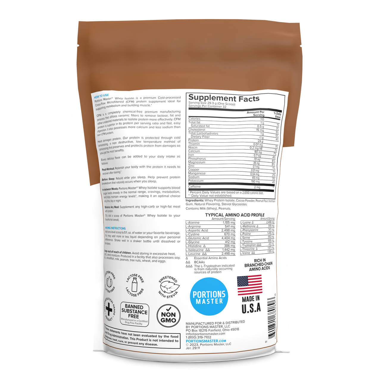 Portions Master Non-GMO Cross-Flow Microfiltration Whey Protein Isolate, Sweetened with Stevia (2 lbs) | Peanut Butter Cup Back