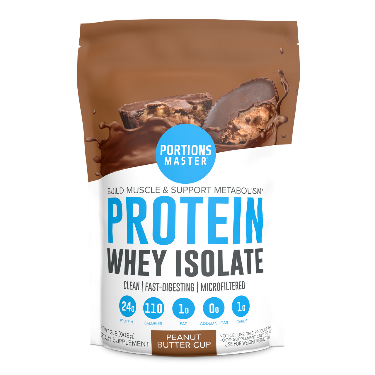 Portions Master Non-GMO Cross-Flow Microfiltration Whey Protein Isolate, Sweetened with Stevia (2 lbs) | Peanut Butter Cup Front