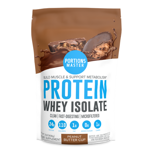 Portions Master Non-GMO Cross-Flow Microfiltration Whey Protein Isolate, Sweetened with Stevia (2 lbs) | Peanut Butter Cup Front