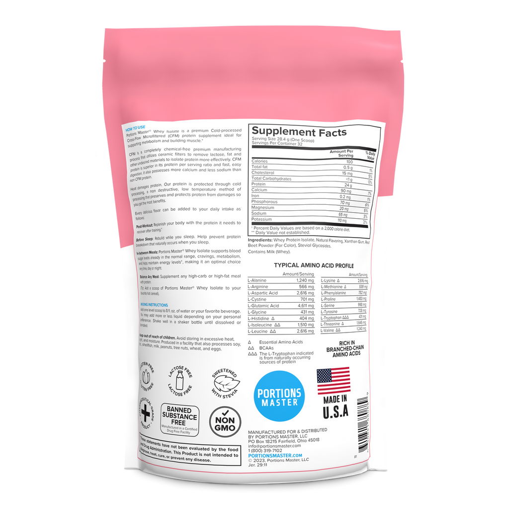 Portions Master Non-GMO Cross-Flow Microfiltration Whey Protein Isolate, Sweetened with Stevia (2 lbs) | Strawberry Back