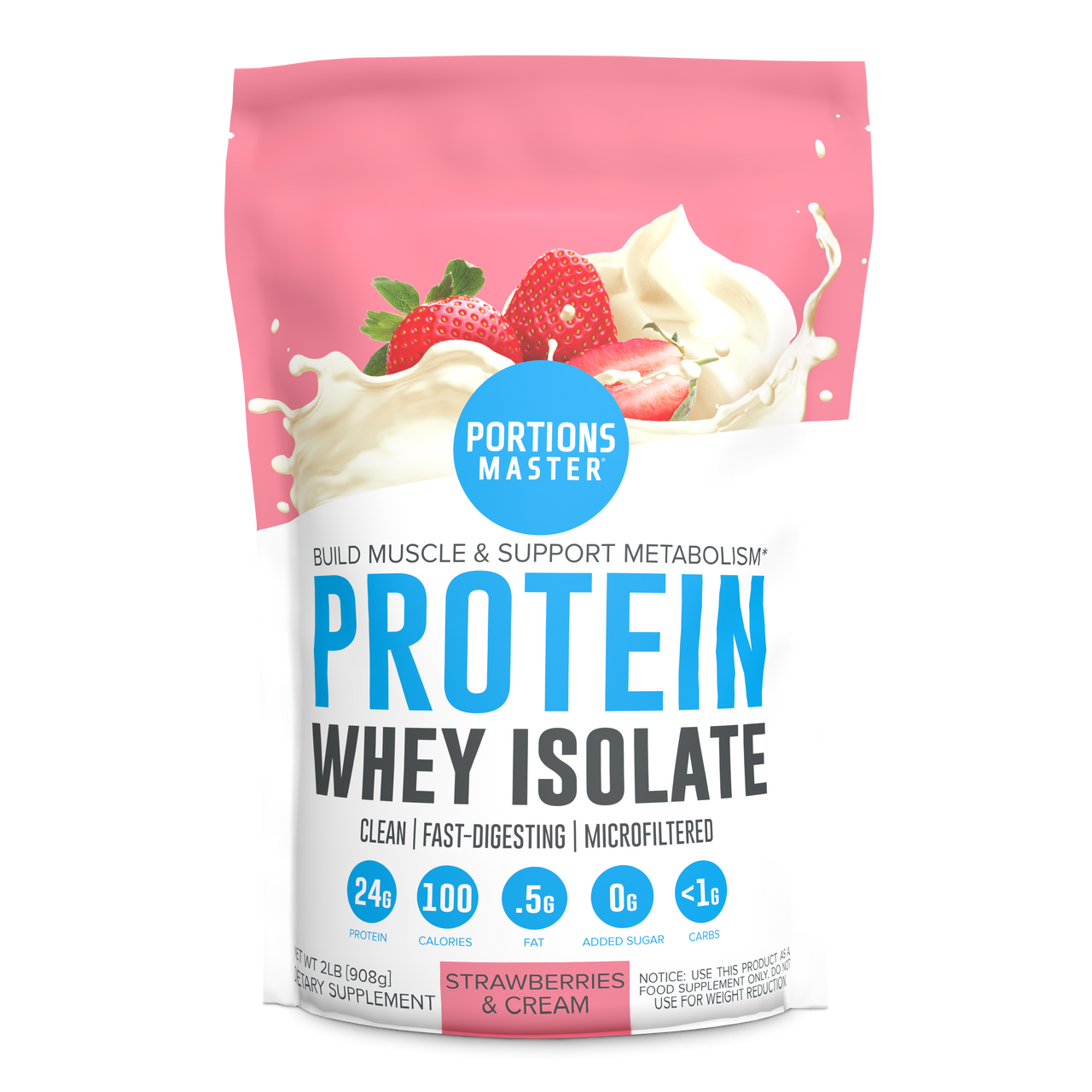 Portions Master Non-GMO Cross-Flow Microfiltration Whey Protein Isolate, Sweetened with Stevia (2 lbs) | Strawberry Front