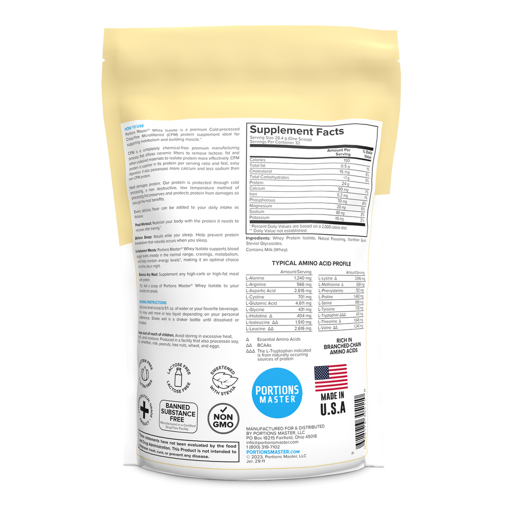 Portions Master Non-GMO Cross-Flow Microfiltration Whey Protein Isolate, Sweetened with Stevia | 2 lb. | Vanilla Ice Cream Back