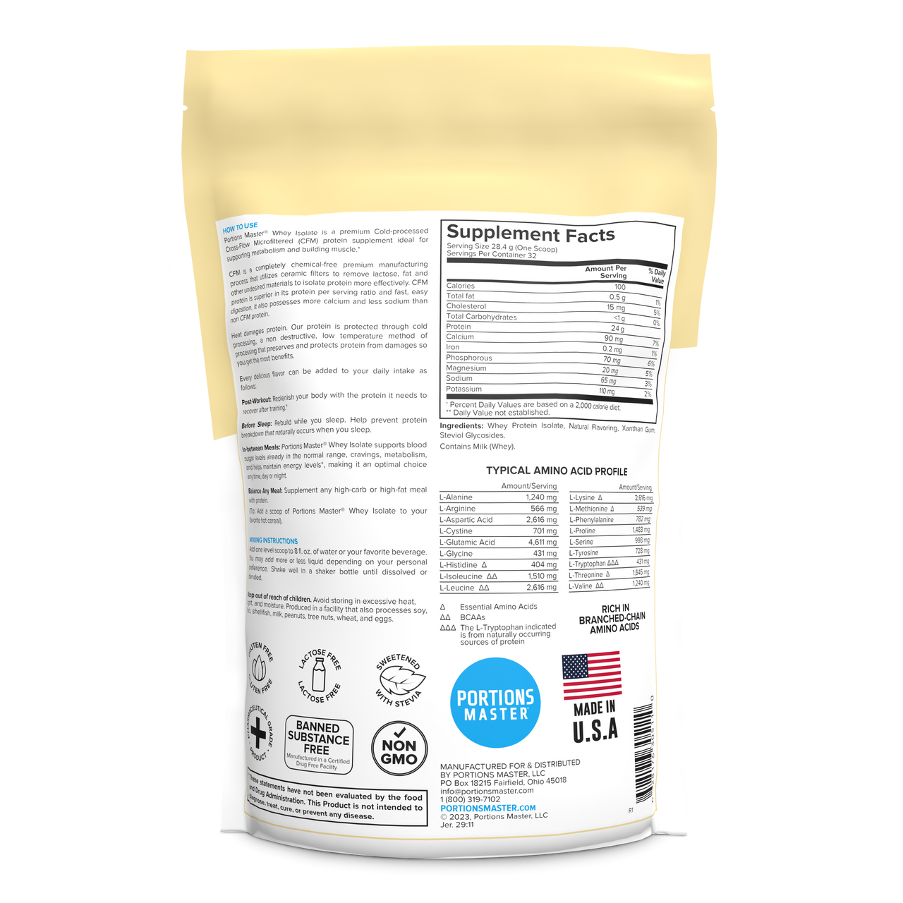 Portions Master Non-GMO Cross-Flow Microfiltration Whey Protein Isolate, Sweetened with Stevia | 2 lb. | Vanilla Ice Cream Back