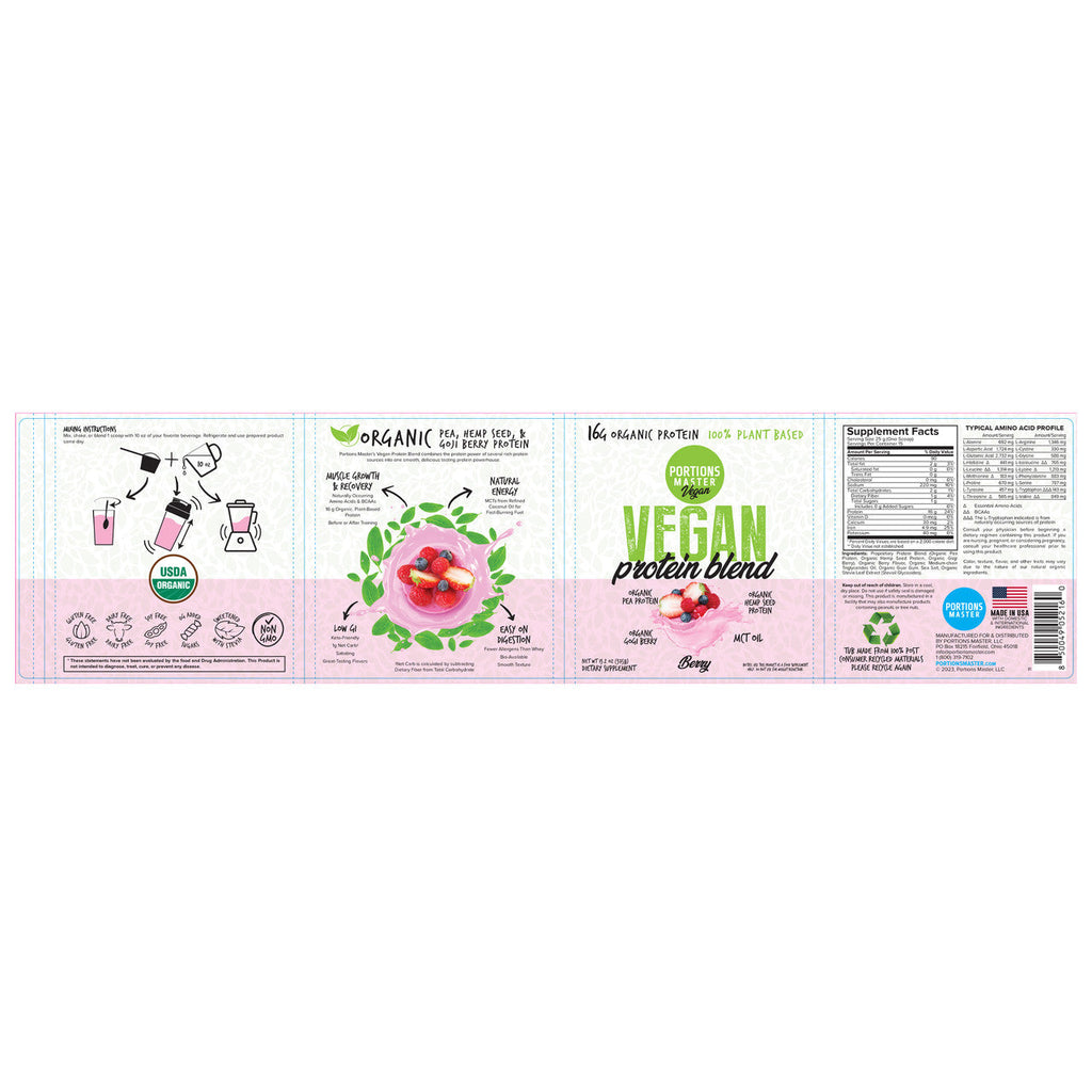 Portions Master Vegan Protein Blend Berry 375g Label