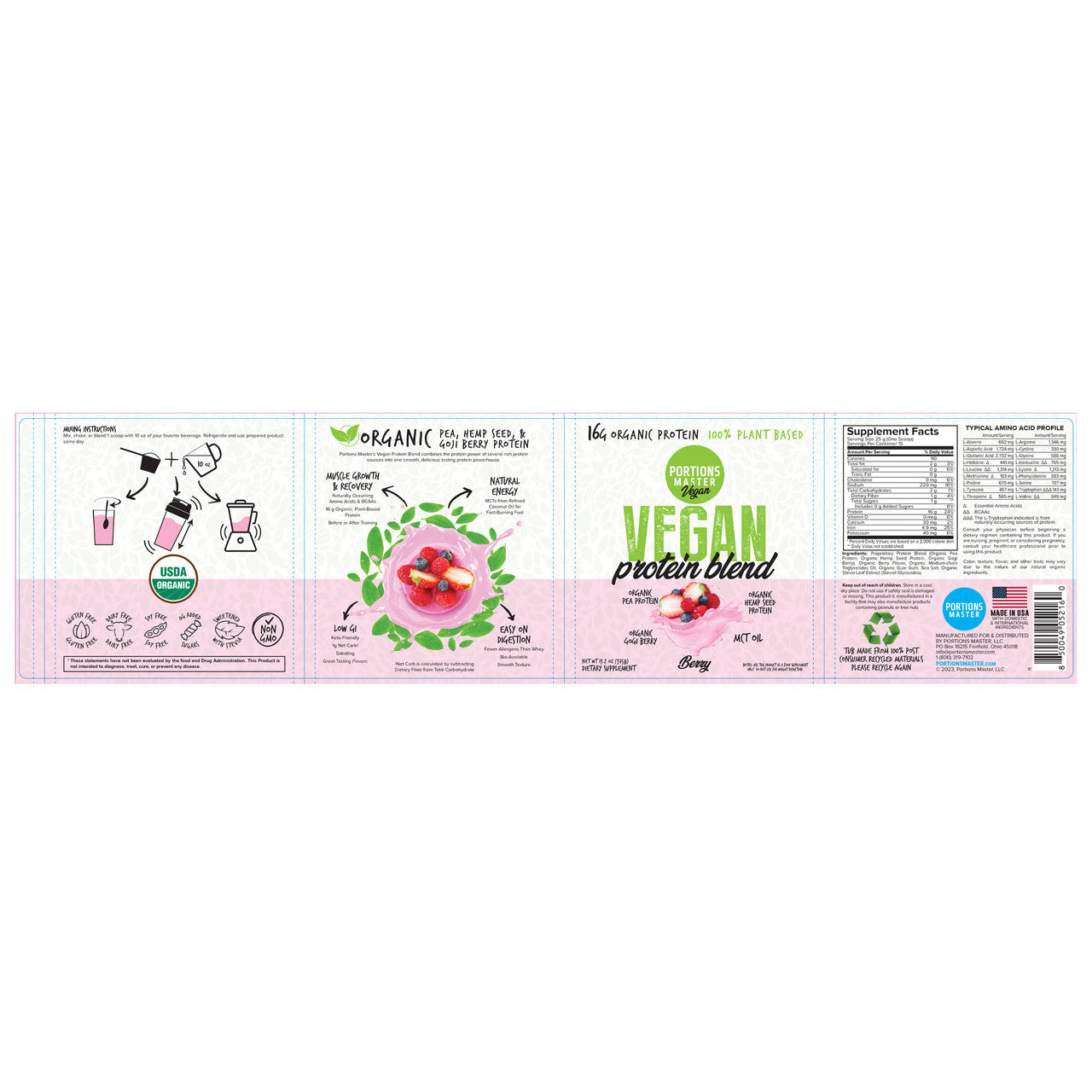 Portions Master Vegan Protein Blend Berry 375g Label