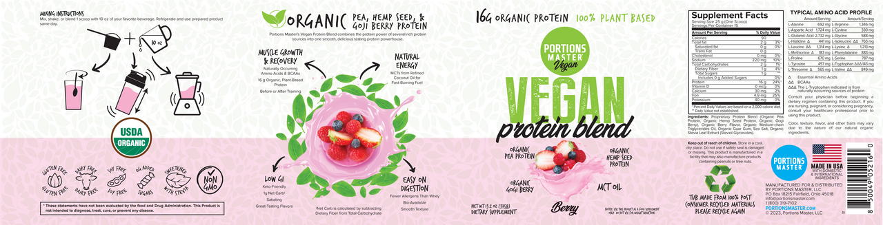 Portions Master Vegan Protein Blend Berry 375g Supp Panel