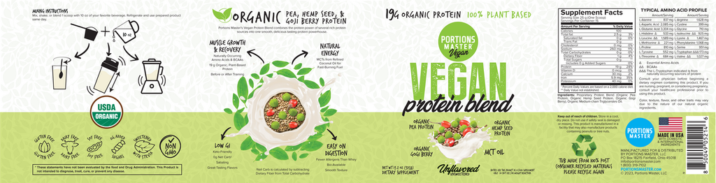 Portions Master Vegan Protein Blend Unflavored 375g Label