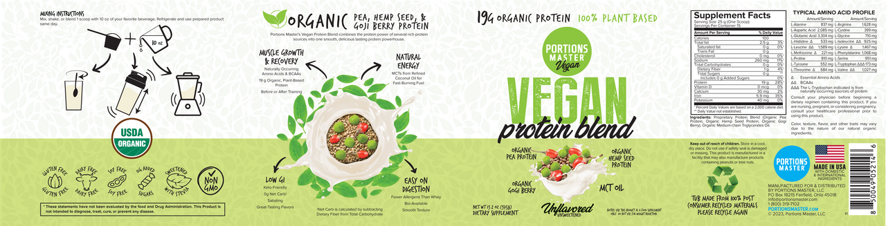 Portions Master Vegan Protein Blend Unflavored 375g Label
