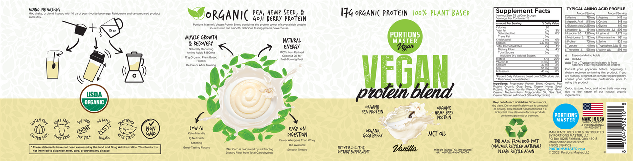 Portions Master Vegan Protein Blend Vanilla 375g Label
