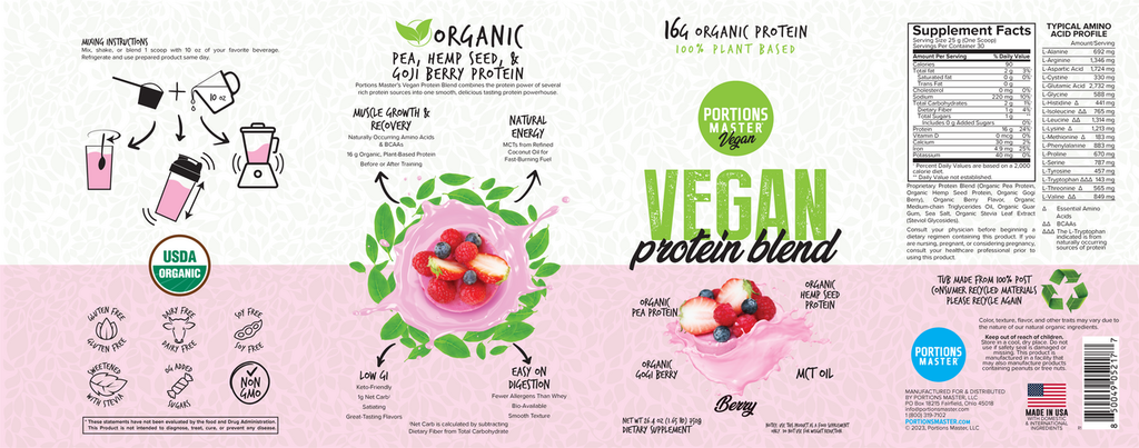 Portions Master Vegan Protein Blend Berry 750g Label