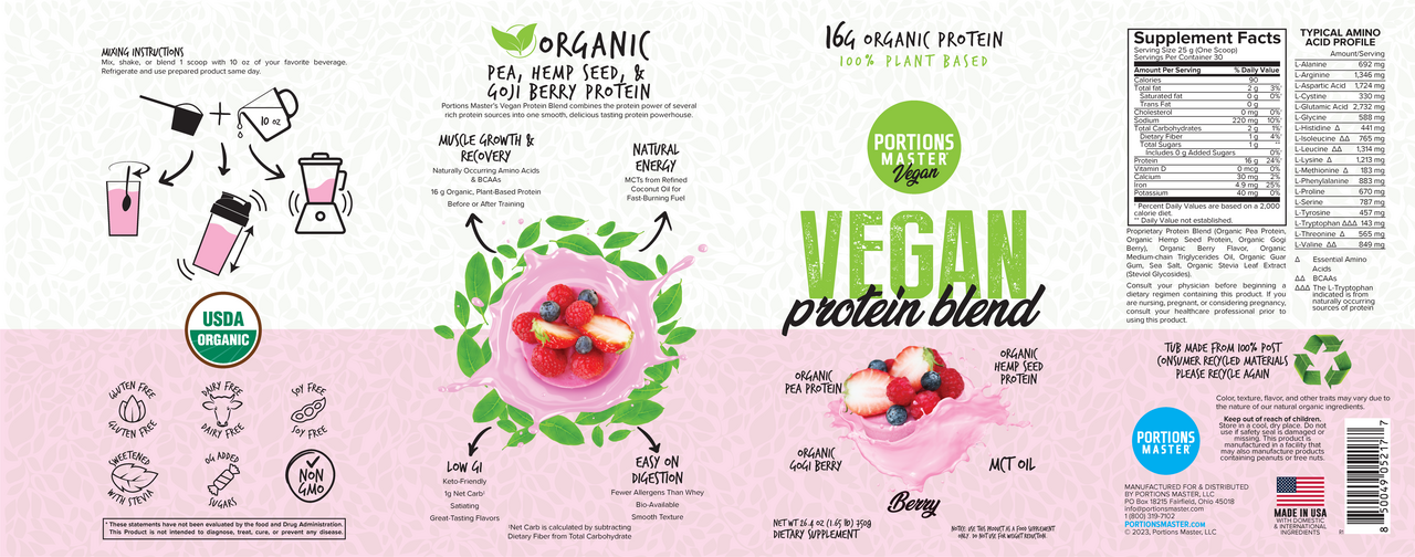 Portions Master Vegan Protein Blend Berry 750g Label