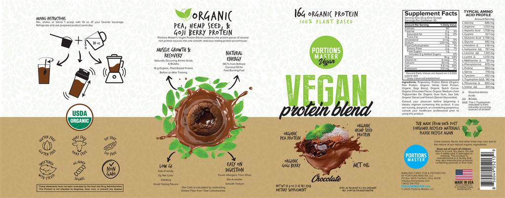 Portions Master Vegan Protein Blend Chocolate 750g Label