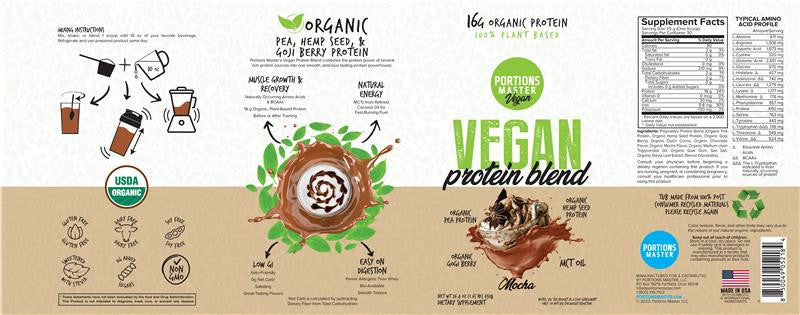 Portions Master Vegan Protein Blend Mocha 750g Label