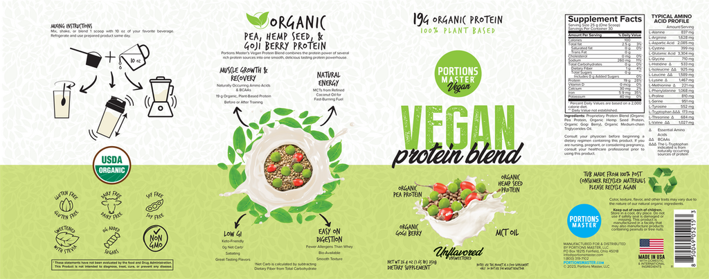 Portions Master Vegan Protein Blend Unflavored 750g Label