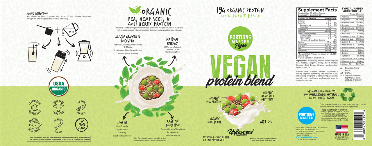 Portions Master Vegan Protein Blend Unflavored 750g Label