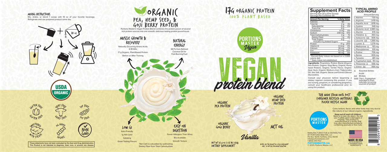 Portions Master Vegan Protein Blend Vanilla 750g Label