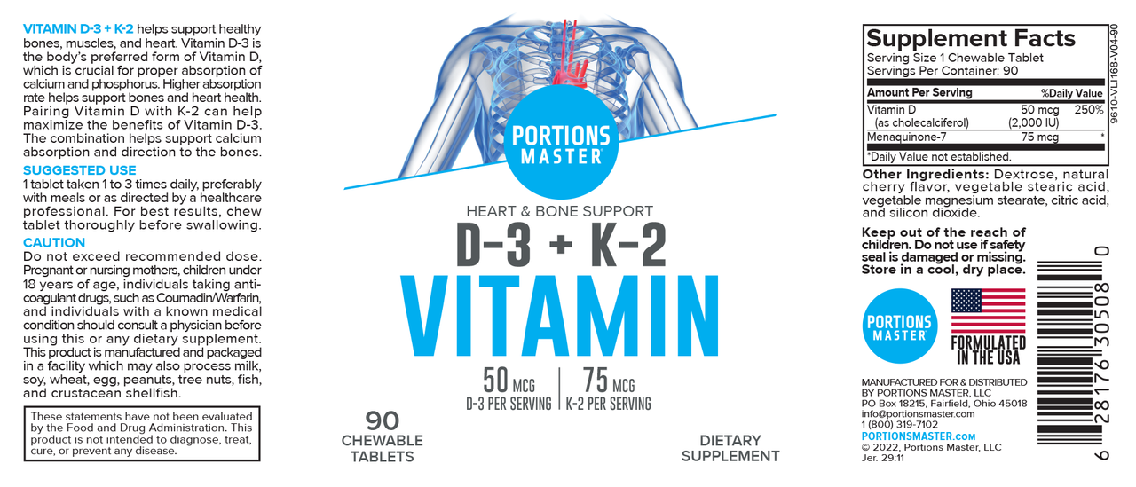 Portions Master Vitamin D3 & K2 Label