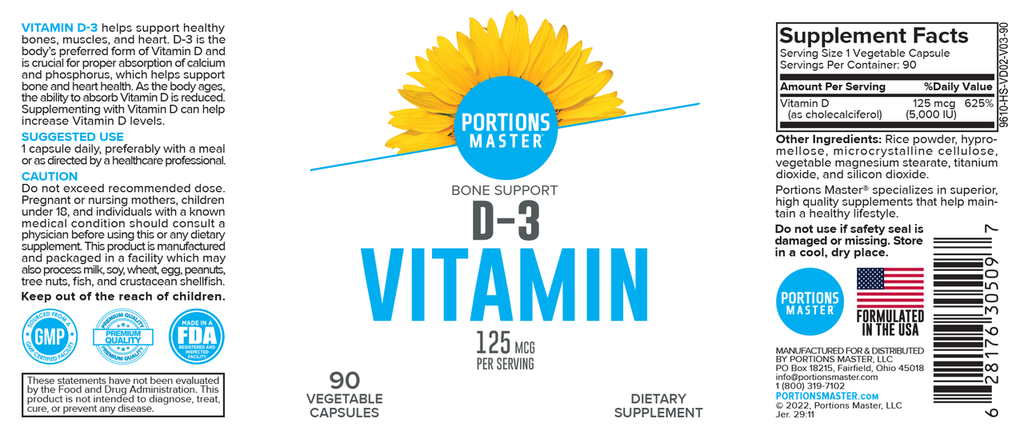 Portions Master Vitamin D3 Label