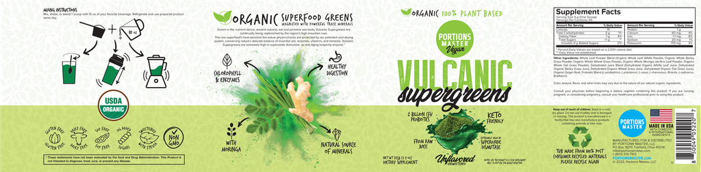 Portions Master Vulcanic Supergreens Unflavored 225g Label