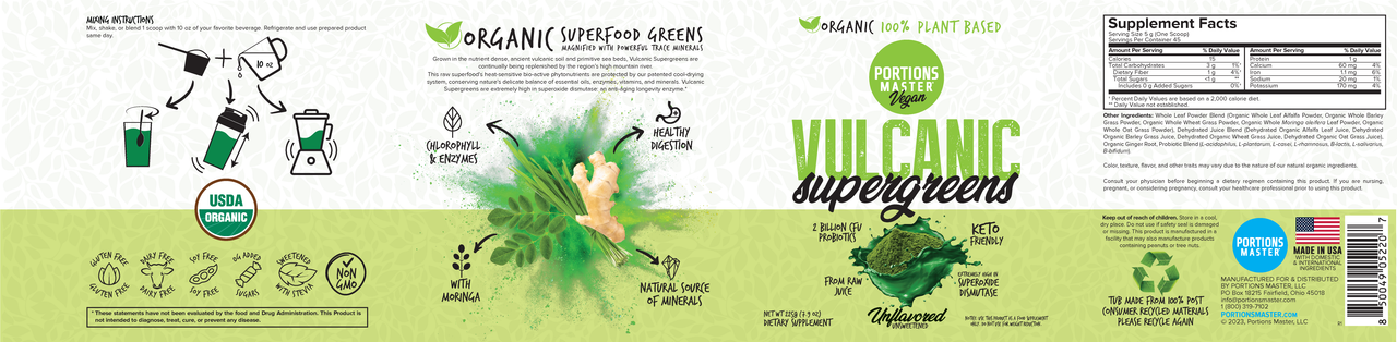 Portions Master Vulcanic Supergreens Unflavored 225g Label