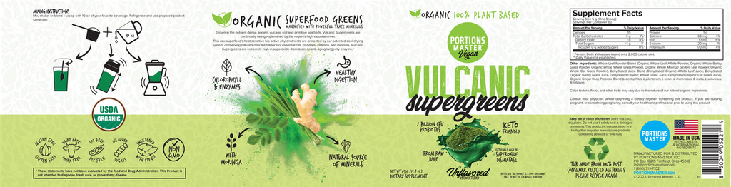 Portions Master Vulcanic Supergreens Unflavored 450g Label