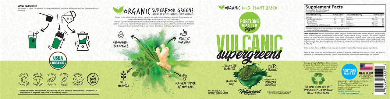 Portions Master Vulcanic Supergreens Unflavored 450g Label