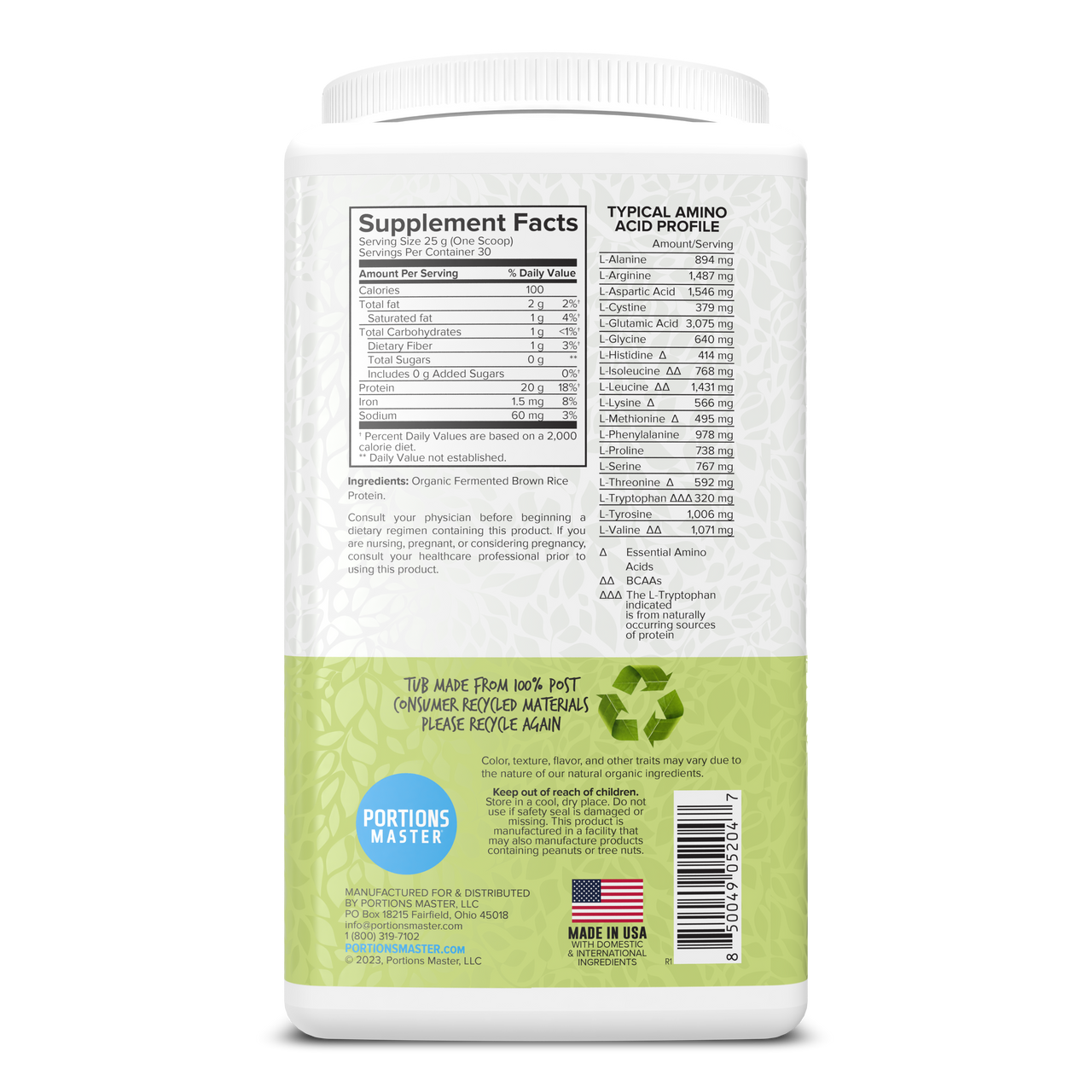 Portions Master Vegan Plant Protein Unflavored 750g Right