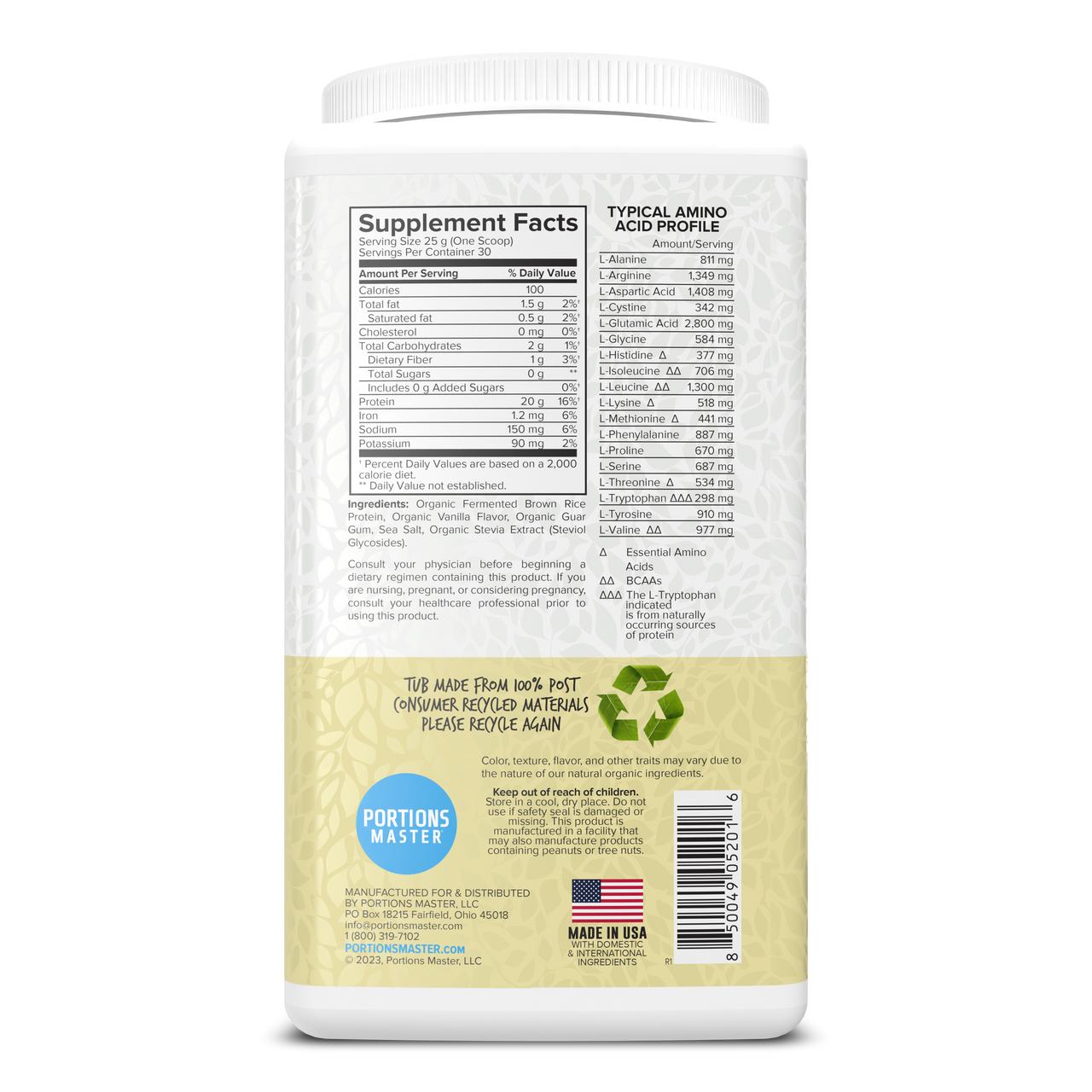 Portions Master Vegan Plant Protein Vanilla 750g Right