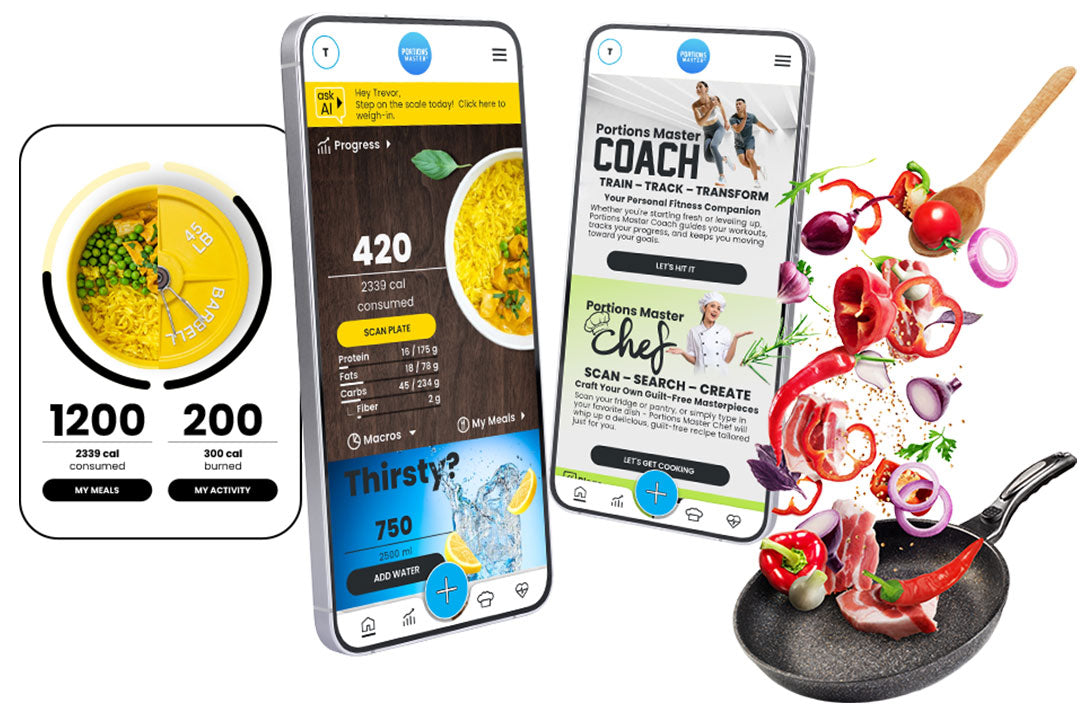 Portions Master app dashboard displaying calories, macros, water tracking, coaching features, and meal planning alongside healthy ingredients