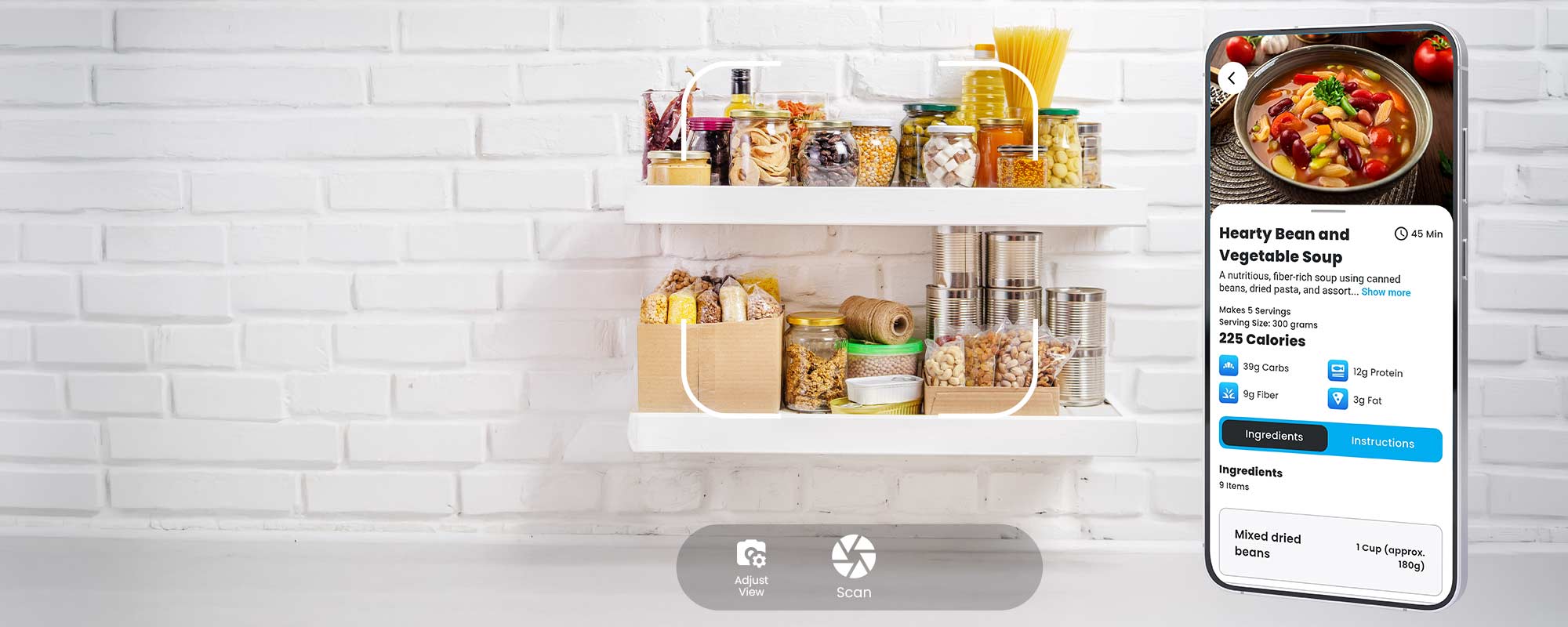 Modern pantry with groceries and the Portions Master app creating a recipe from a photo using AI.