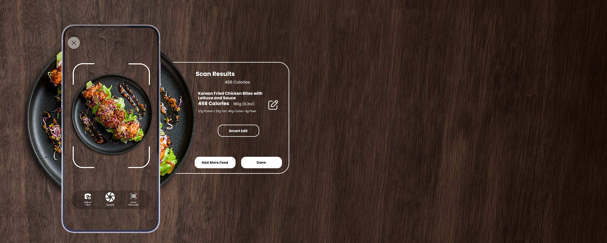 Plate of Korean fried chicken bites with lettuce and sauce beside the Portions Master app showing food scan results.